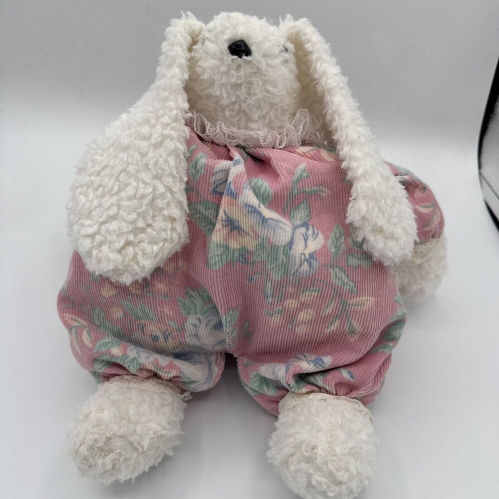 Vintage White Bunny Rabbit Plush Pink Floral Lace Corduroy Cottagecore Stuffed